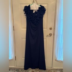 Xscape Navy Blue Formal Dress with Off The Shoulder Ruffled Neckline Size 16